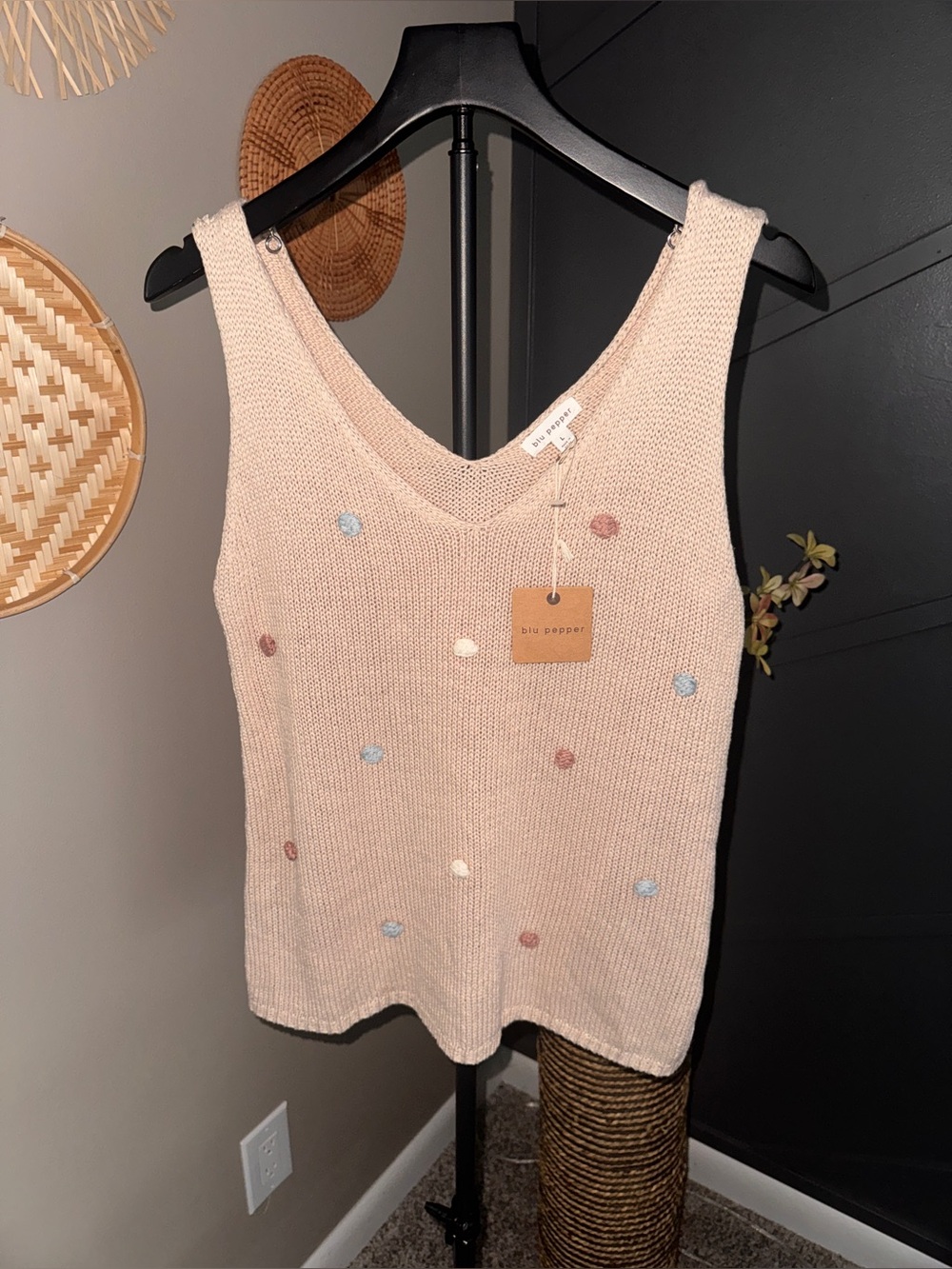 Blu Pepper Cream Knit Tank with Multicolor Dot Accents boho cottagecore textured